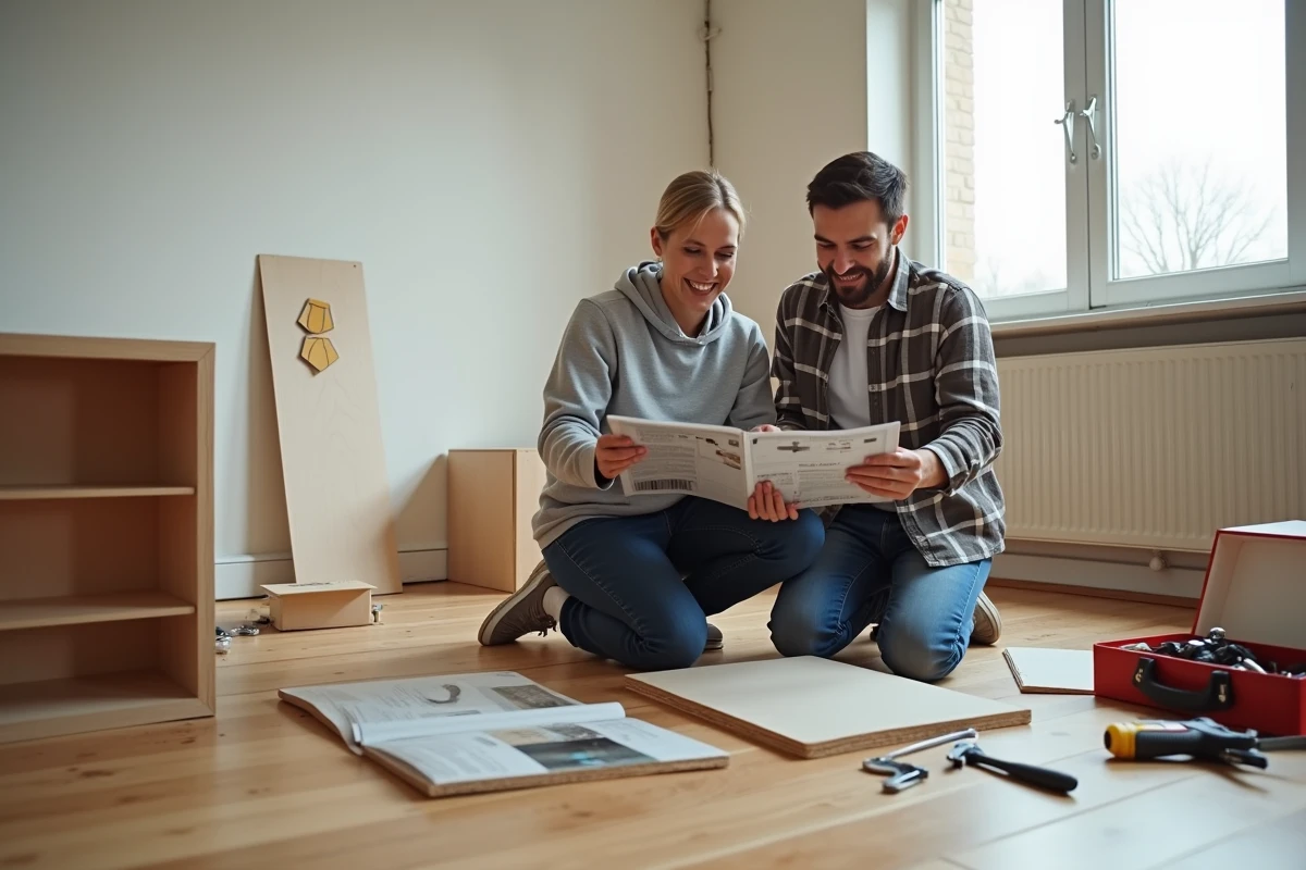 Couple bricoleur consultant le magazine Bricolife en assemblant des meubles dans un salon en cours de rénovation