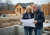 Couple regardant des plans de construction devant la fondation