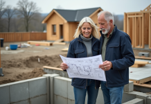 Construction maison : coûts les plus élevés à prévoir Couple regardant des plans de construction devant la fondation
