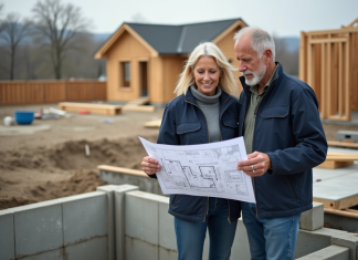 Couple regardant des plans de construction devant la fondation