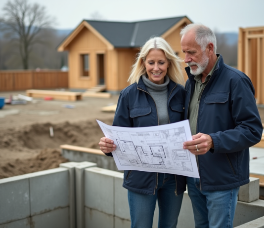 Couple regardant des plans de construction devant la fondation