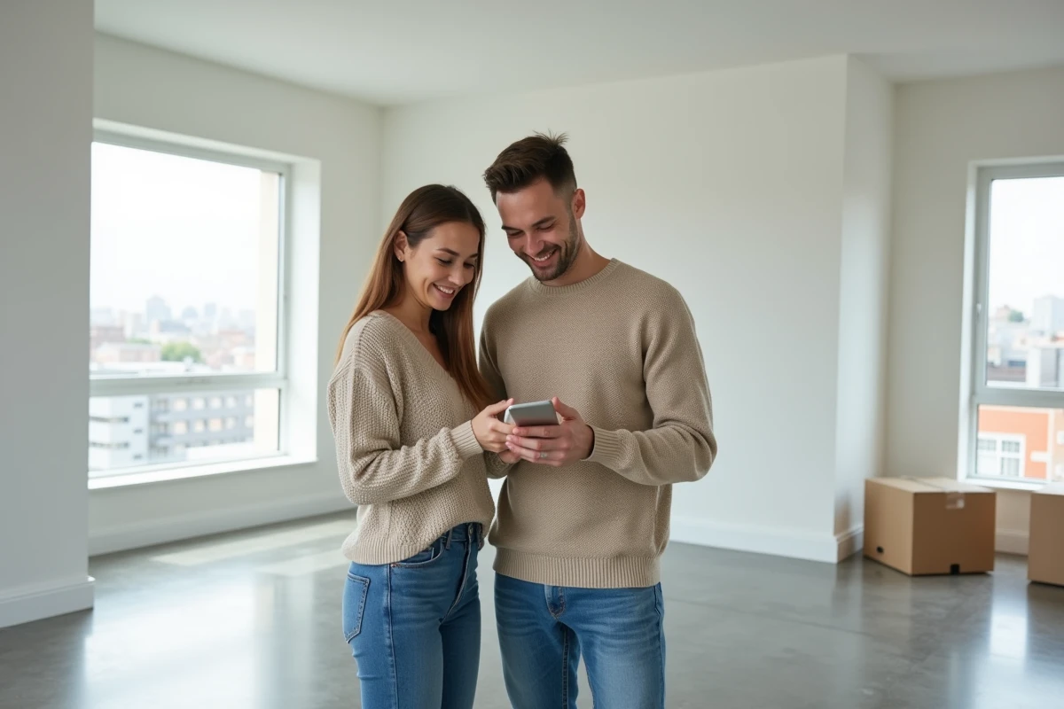 Couple consultant une checklist de déménagement sur smartphone dans leur nouvel appartement vide avec des cartons et des fenêtres donnant sur la ville