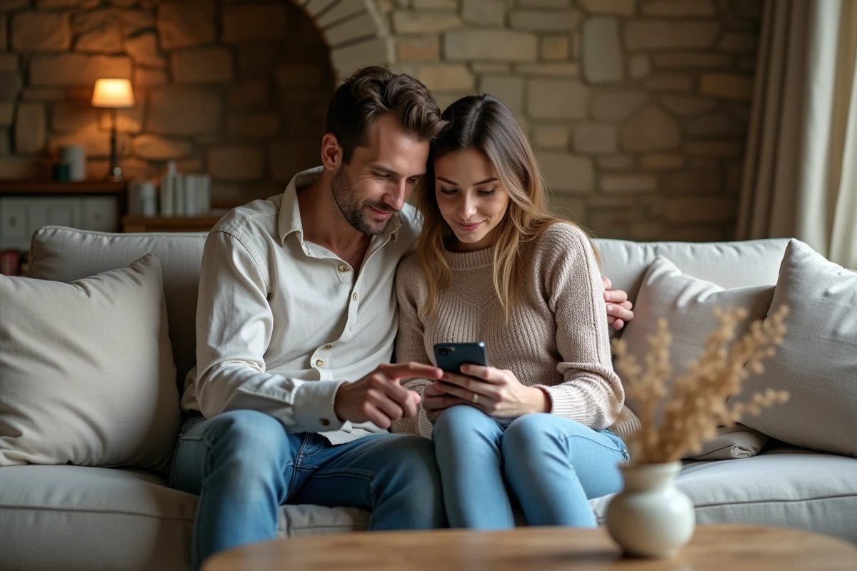Couple consultant gratuitement les fonctionnalités de COZYCASA sur smartphone dans un intérieur de maison de campagne