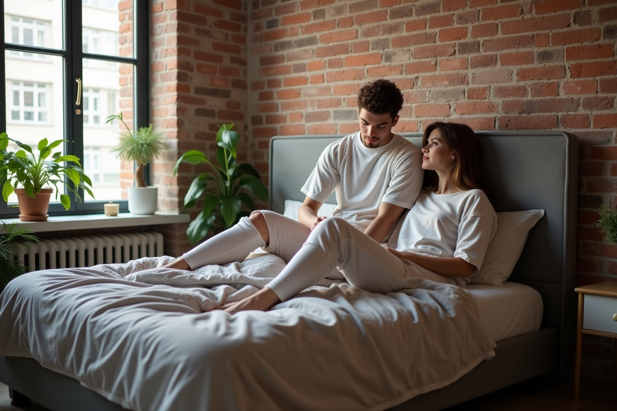 Jeune couple posant leur lit dans un appartement urbain cosy