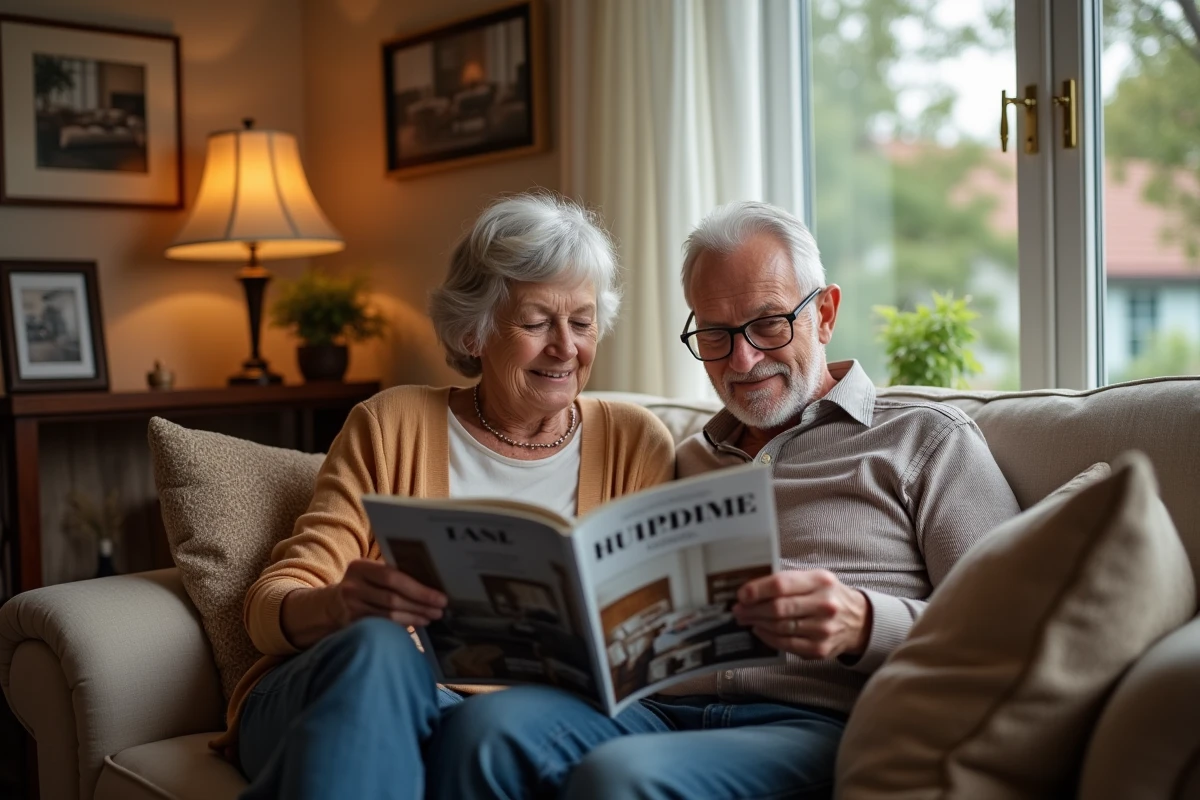 Couple âgé lisant un magazine de décoration dans un salon chaleureux