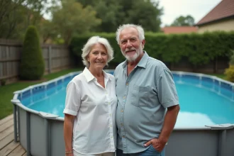 Couple de propriétaires debout près d'une grande piscine hors sol ovale de plus de 10m2 installée dans un jardin pavillonnaire