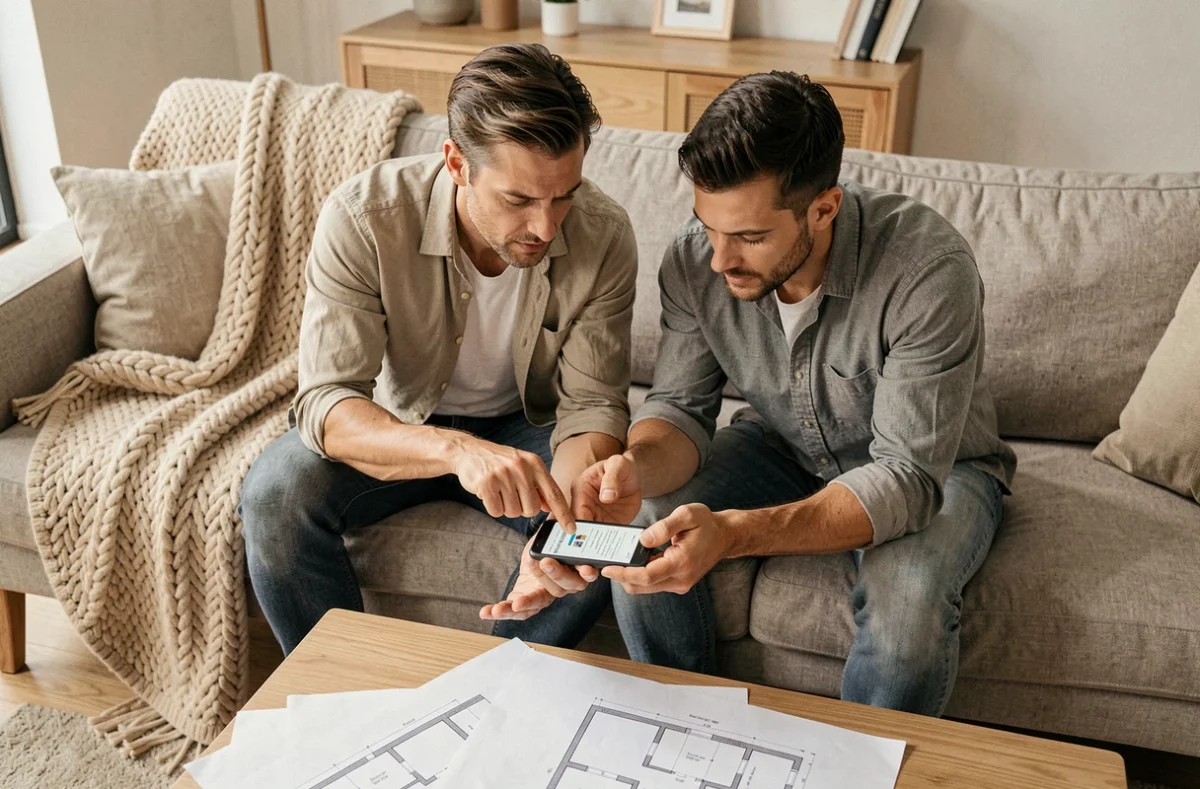 Couple consultant ensemble des prix de travaux sur smartphone dans un salon moderne