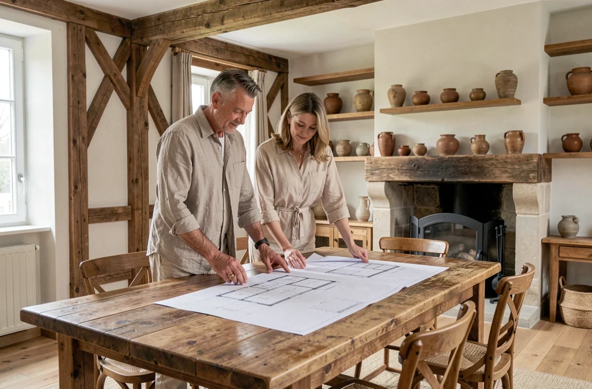 Couple planifiant la rénovation de leur chaumière ancienne en préservant le cachet authentique de la maison