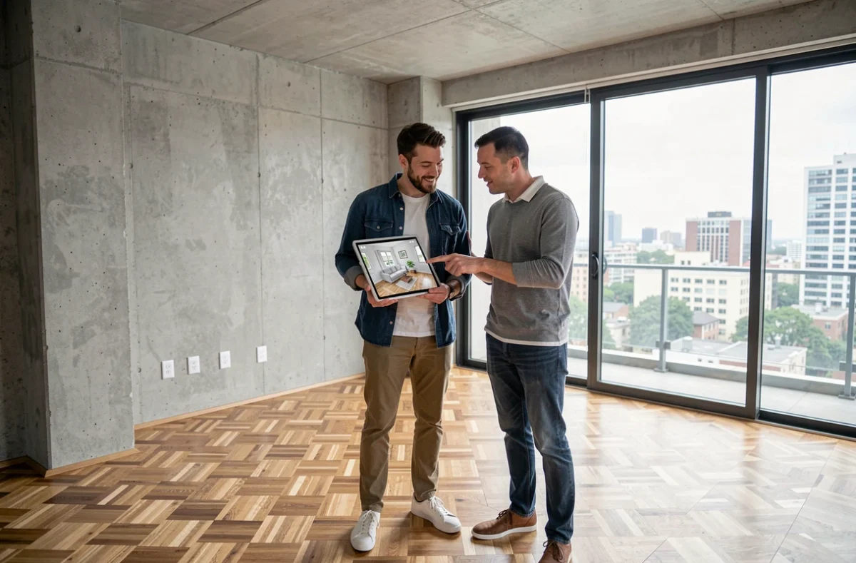 Couple planifiant la décoration d'un appartement vide avec une application de simulation 3D sur tablette