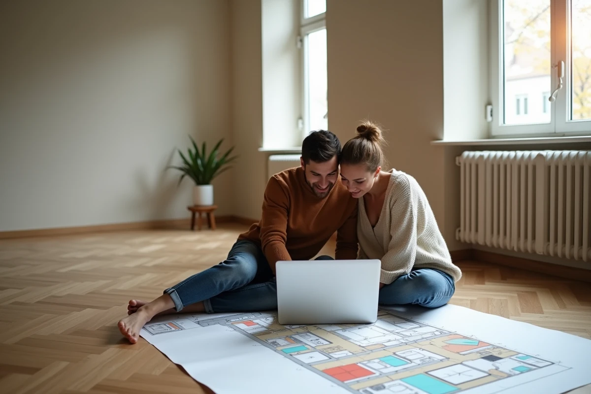 Couple consultant une application de simulation de décoration intérieure assis sur le sol d'un appartement vide