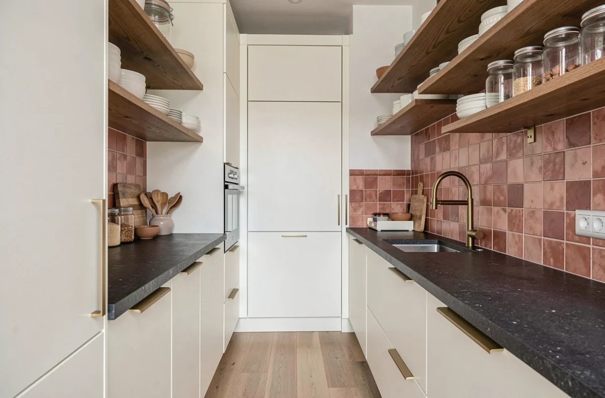 Cuisine en couloir à Strasbourg optimisée avec rangements intégrés, carrelage zellige et étagères en chêne fumé