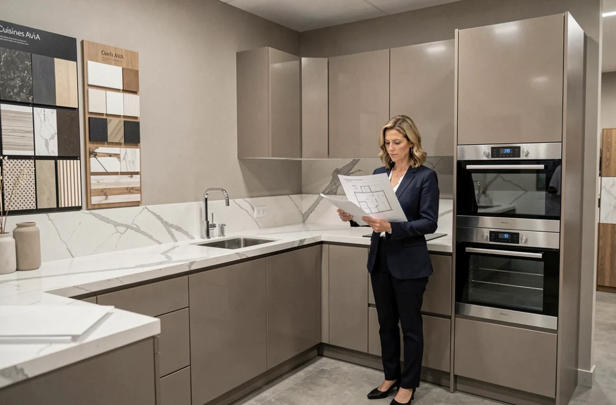 Exposition Cuisines AvivA avec un modèle taupe haut de gamme et une conseillère en design
