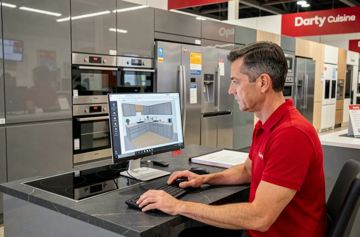 Conseiller Darty Cuisine étudiant un plan de cuisine 3D dans un espace dédié en magasin
