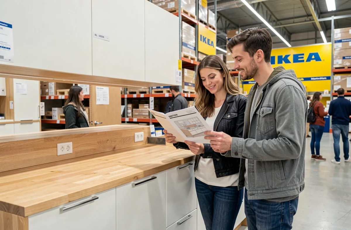 Couple examinant une cuisine IKEA exposée dans un magasin avec caissons blancs et plan de travail bois