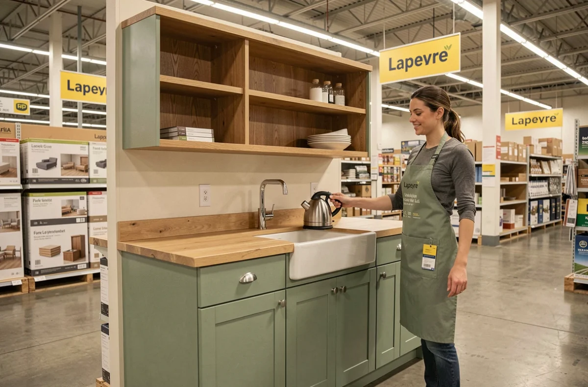 Modèle de cuisine Lapeyre style shaker vert sauge présenté en magasin