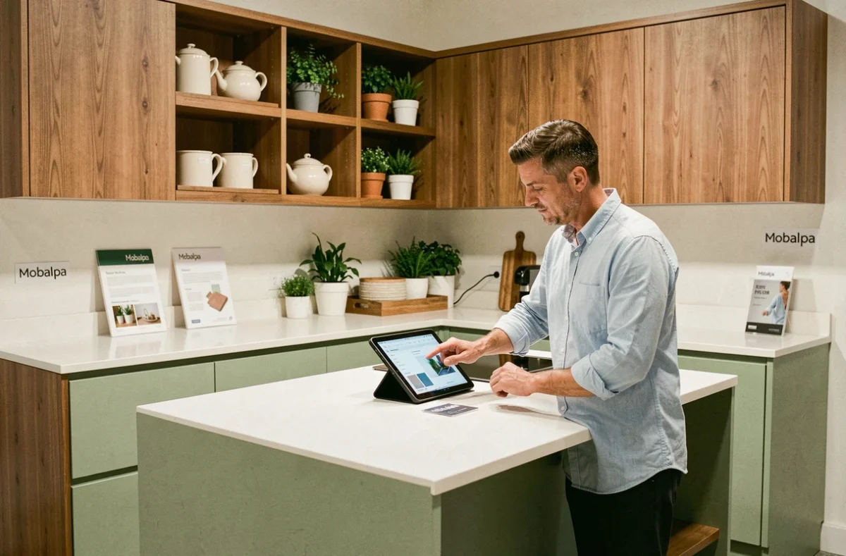 Modèle de cuisine Mobalpa en showroom avec des meubles bois et verts exposés