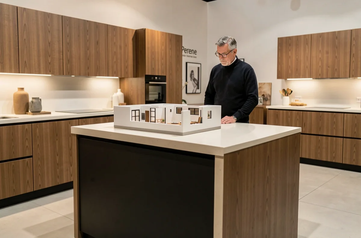 Cuisine Perene en showroom avec un modèle en chêne fumé et un conseiller expert