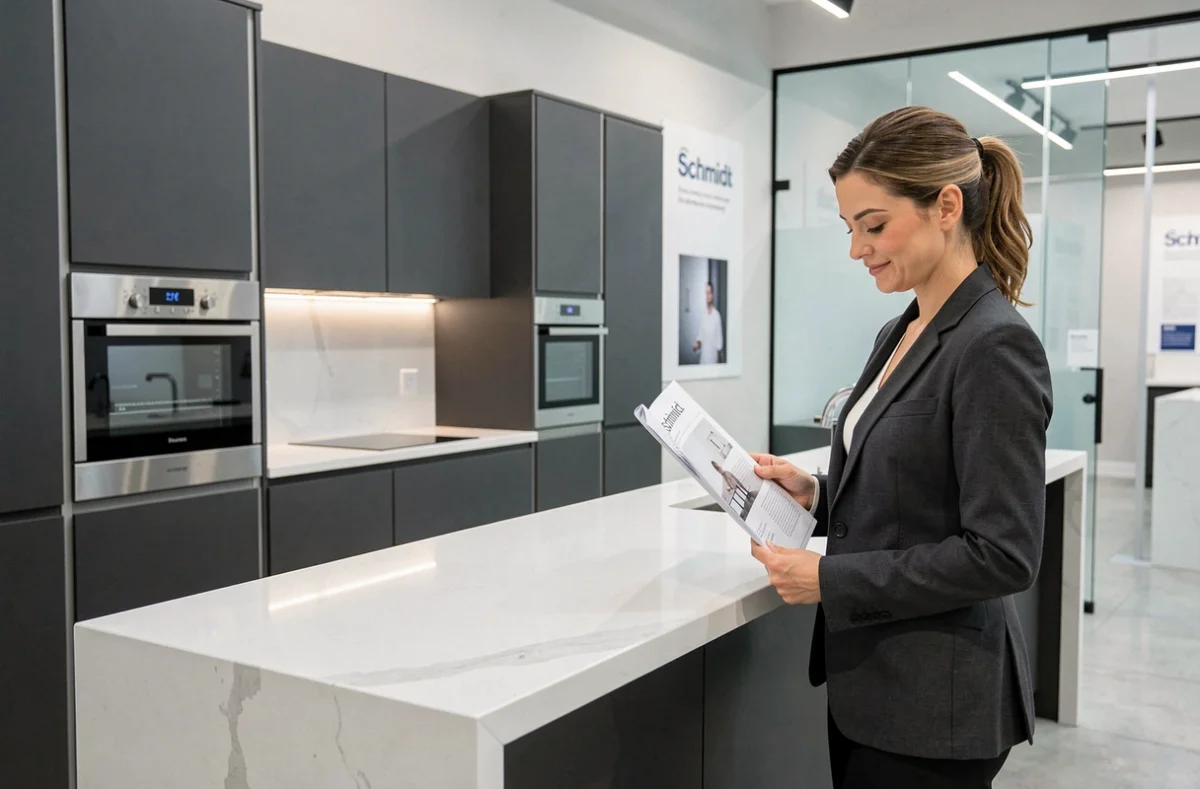 Cuisine Schmidt exposée en showroom avec une conseillère présentant un modèle anthracite haut de gamme