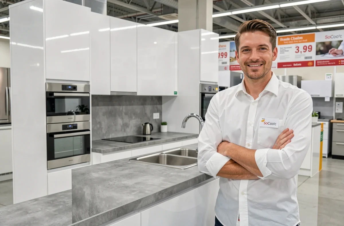 Modèle de cuisine SoCoo'c en showroom avec un conseiller devant des meubles blancs laqués