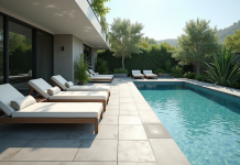 Piscine moderne avec terrasse en carrelage gris clair et transats