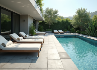 Matériau de terrasse de piscine le plus durable : nos conseils pour choisir Piscine moderne avec terrasse en carrelage gris clair et transats