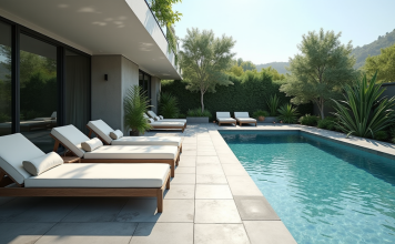 Matériau de terrasse de piscine le plus durable : nos conseils pour choisir Piscine moderne avec terrasse en carrelage gris clair et transats