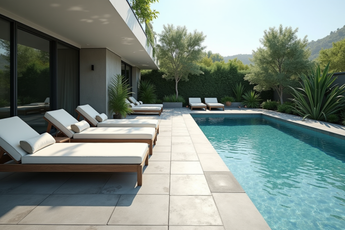 Piscine moderne avec terrasse en carrelage gris clair et transats