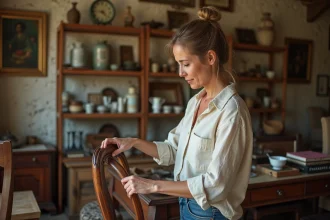 Femme examinant un fauteuil vintage dans un dépôt-vente à Caen avec des murs en pierre normande