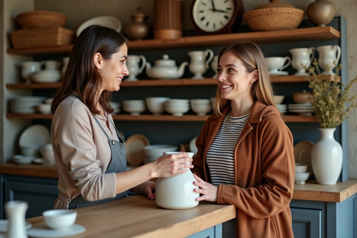 Cliente déposant un vase céramique au comptoir d'un dépôt-vente organisé à Caen