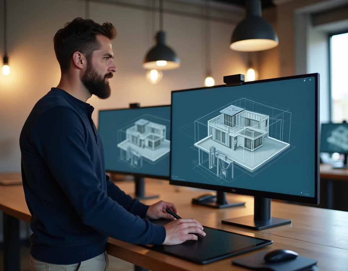 Designer créant un plan 3D interactif d'une location saisonnière sur tablette graphique et ordinateur