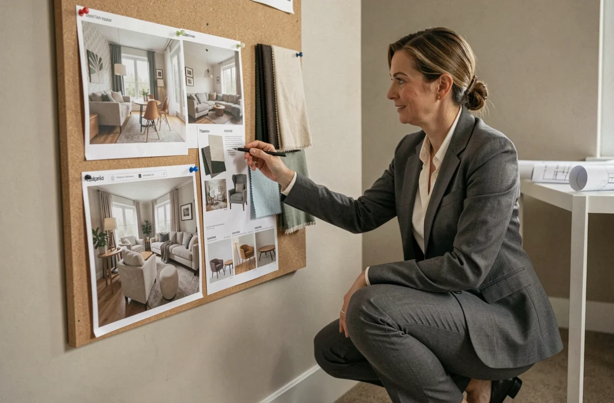 Designer d'intérieur analysant des rendus de simulation de décoration sur un moodboard dans un studio professionnel