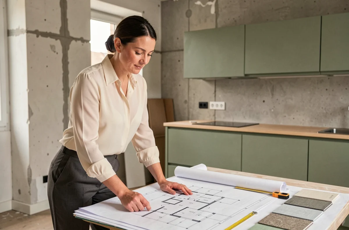 Designer d'intérieur strasbourgeoise analysant des plans d'aménagement dans un appartement en rénovation