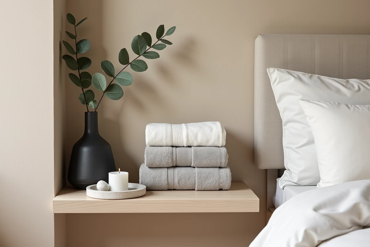 Détail décoratif zen dans une suite parentale avec plâtre tadelakt, bois frêne et accessoires en pierre naturelle