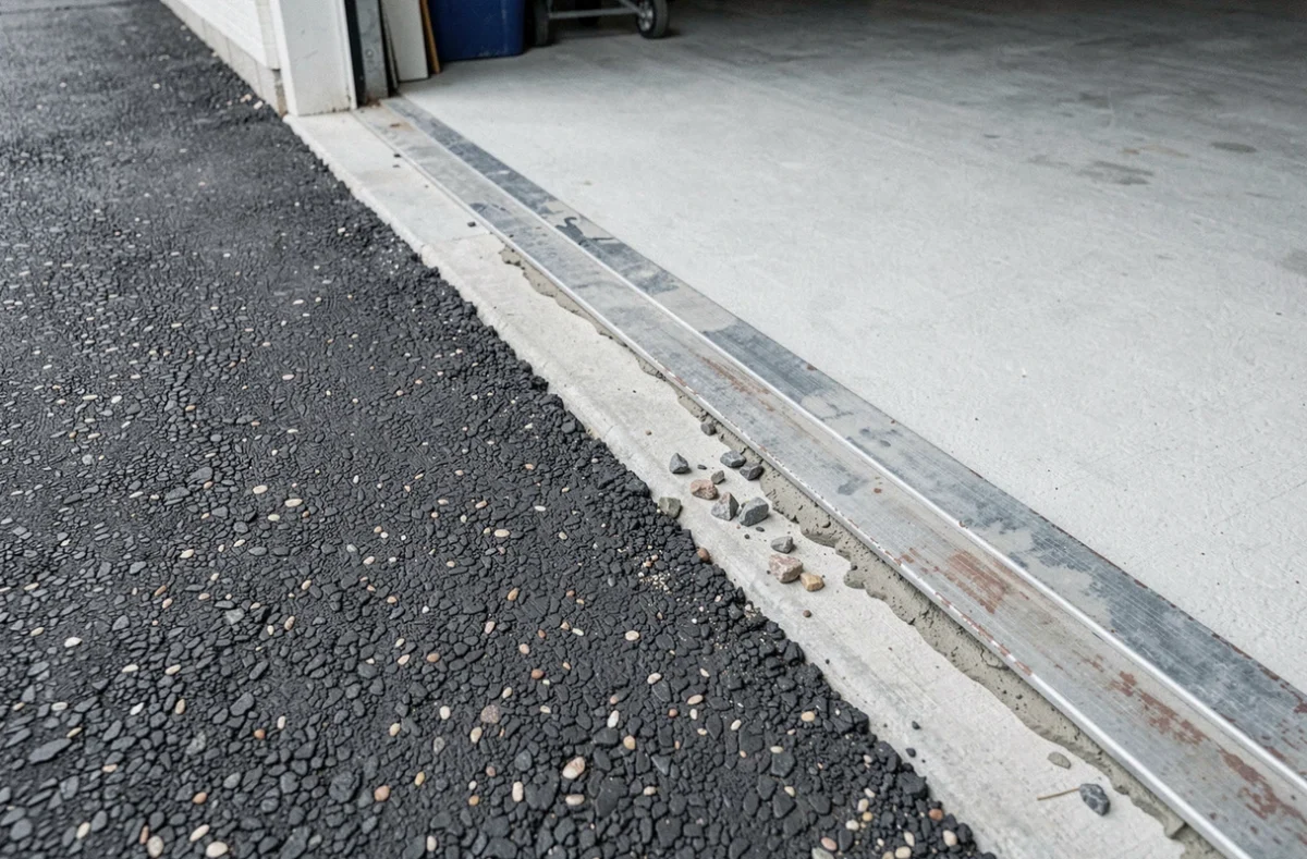 Détail de la jonction entre l'enrobé bitumineux de l'allée et le seuil en béton du garage, vue en plongée rapprochée