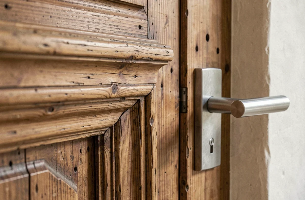 Détail d'un encadrement de porte ancien restauré dans une maison de caractère alliant authenticité et modernité discrète