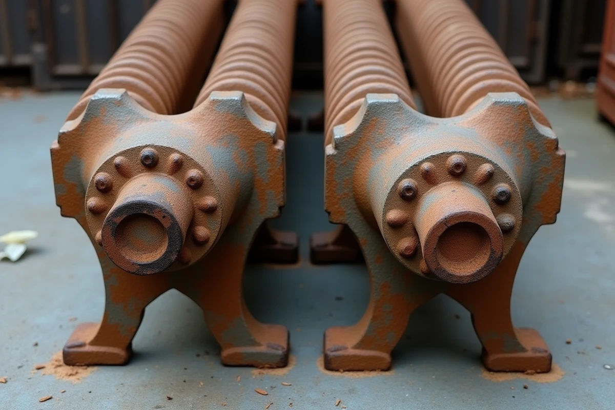 Gros plan sur des éléments de radiateur en fonte de récupération posés au sol dans une cour de brocante, montrant les détails de moulure et la patine rouillée