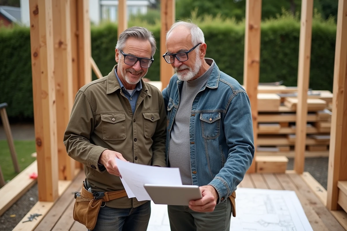 Deux bricoleurs consultant des plans et une ressource en ligne sur tablette lors d'une construction de terrasse en bois