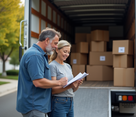 Calcul de la taille du camion de déménagement idéal : astuces pratiques et conseils Couple en vêtements casual vérifiant une checklist de déménagement