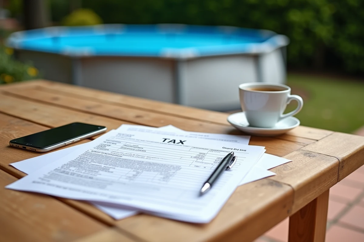 Documents fiscaux et déclaration de taxe piscine posés sur une table de jardin avec une piscine hors sol en arrière-plan