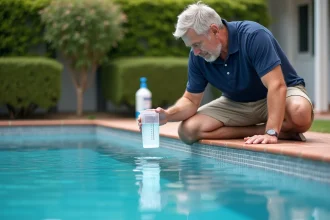 Homme dosant la javel pour sa piscine résidentielle avec un verre doseur gradué au bord du bassin