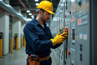 Électricien professionnel vérifiant un panneau électrique industriel