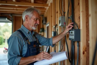 Homme en overalls vérifiant un câblage électrique dans un garage