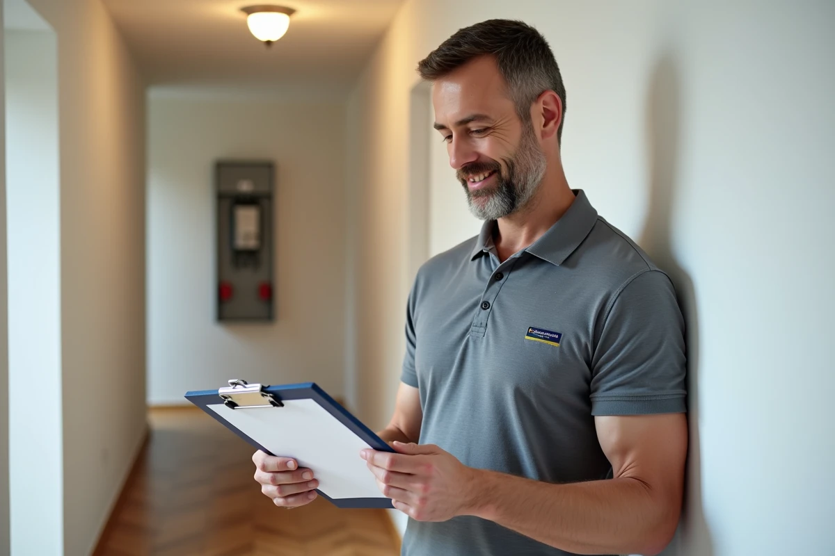Électricien professionnel vérifiant un bon de travail dans un couloir d'appartement rénové
