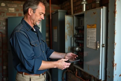 Électricien d'âge moyen inspectant un vieux panneau électrique