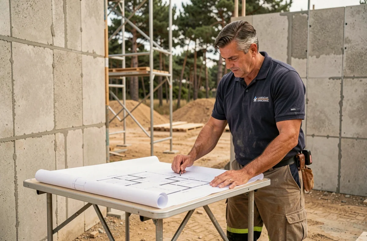 Professionnel de l'entreprise EMPC examinant des plans de construction sur un chantier dans les Landes