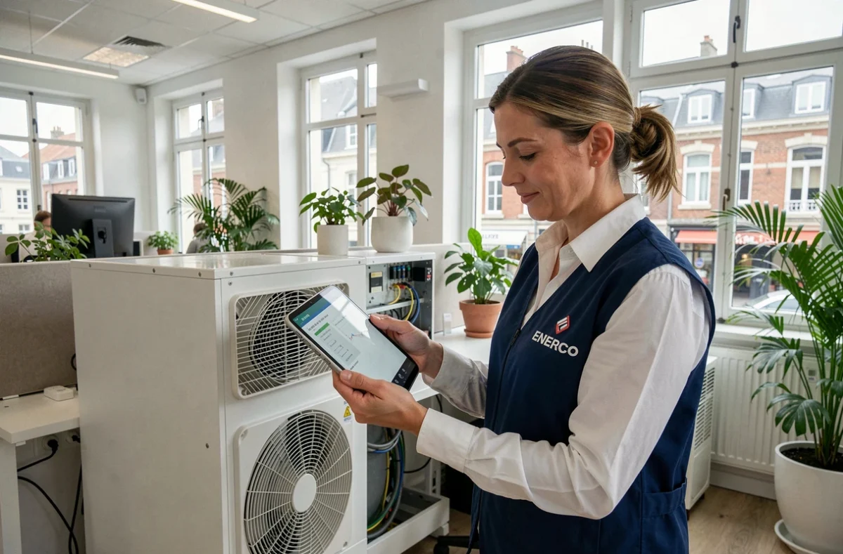 Consultante ENERCO analysant l'efficacité énergétique d'un système de climatisation multi-split dans un bureau normand