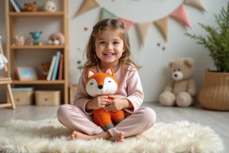 Petite fille souriante en pyjama cosy avec son doudou dans sa chambre