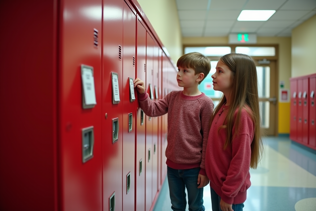 Deux enfants discutant près d un extincteur dans un couloir d école