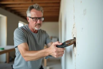 Artisan utilisant une pince étau pour enlever une vis foirée coincée dans un mur en placo