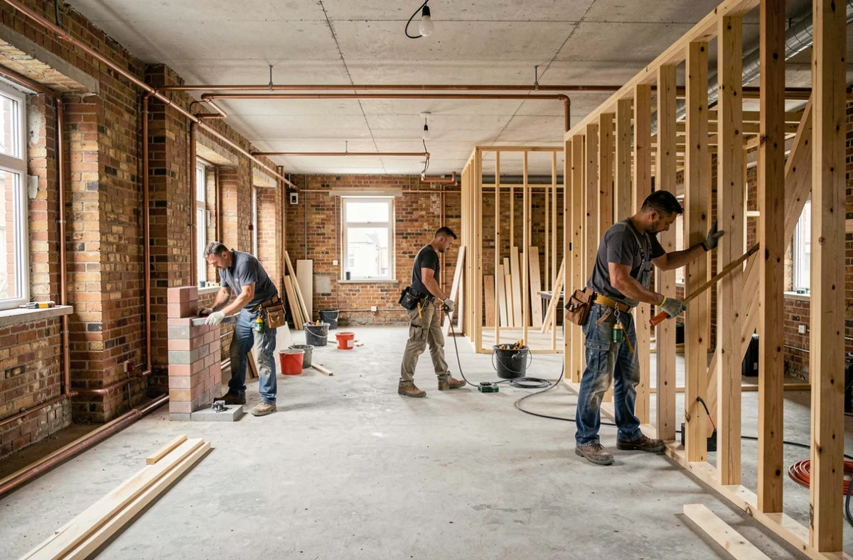 Équipe tous corps d'état travaillant simultanément sur une rénovation globale d'intérieur dans les Landes